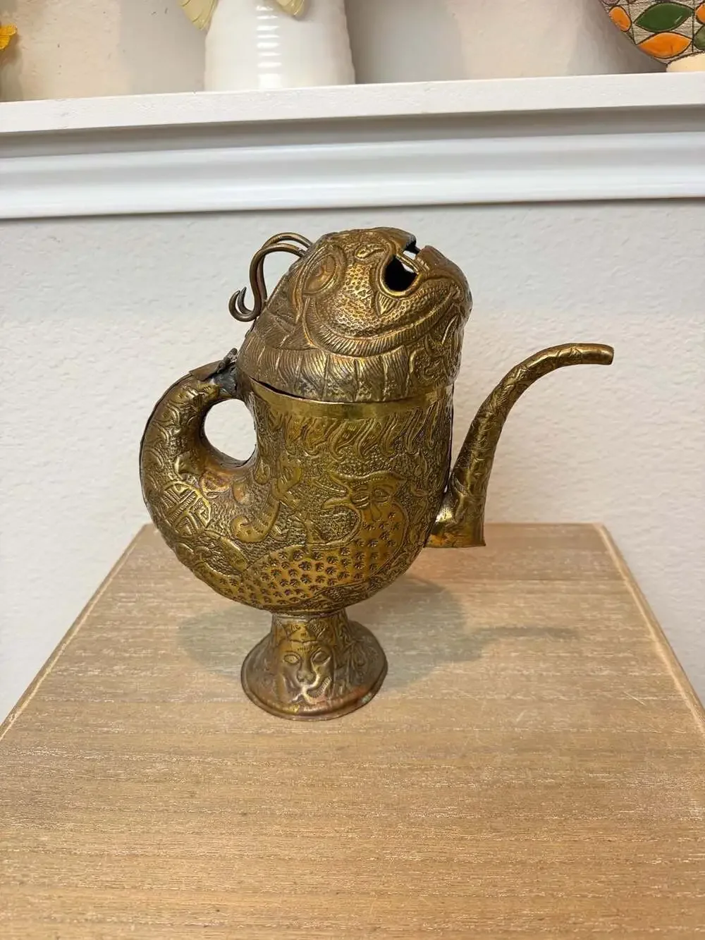 Vintage Hand-Carved Brass Fish Teapot Flagon with Pedestal Base